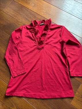 J. McLaughlin Red Ruffle V-Neck Long Sleeve Top